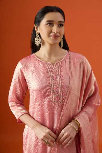 Buy Khwaab By Sanjana Lakhani Pink Satin Round Neck Neckline Embroidered Kurta Set Buy_Khwaab By Sanjana Lakhani_Pink Satin Round Neck Neckline Embroidered Kurta Set