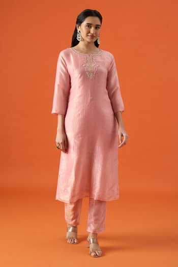 Buy Khwaab By Sanjana Lakhani Pink Silk, Satin Notched Neck, Yes Neckline Embroidered Kurta Set Online at Aza Fashions Buy_Khwaab By Sanjana Lakhani_Pink Silk, Satin Notched Neck, Yes Neckline Embroidered Kurta Set _Online_at_Aza_Fashions
