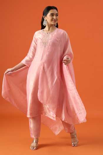 Shop Khwaab By Sanjana Lakhani Pink Silk, Satin Notched Neck, Yes Neckline Embroidered Kurta Set Online at Aza Fashions Shop_Khwaab By Sanjana Lakhani_Pink Silk, Satin Notched Neck, Yes Neckline Embroidered Kurta Set _Online_at_Aza_Fashions