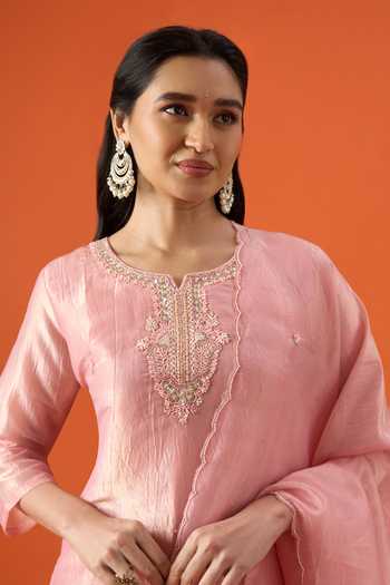 Buy Khwaab By Sanjana Lakhani Pink Silk, Satin Notched Neck, Yes Neckline Embroidered Kurta Set Buy_Khwaab By Sanjana Lakhani_Pink Silk, Satin Notched Neck, Yes Neckline Embroidered Kurta Set