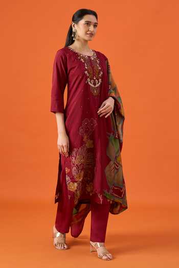 Shop Khwaab By Sanjana Lakhani Maroon Chanderi Round Neck Hand Embroidered Kurta Set Online at Aza Fashions Shop_Khwaab By Sanjana Lakhani_Maroon Chanderi Round Neck Hand Embroidered Kurta Set _Online_at_Aza_Fashions