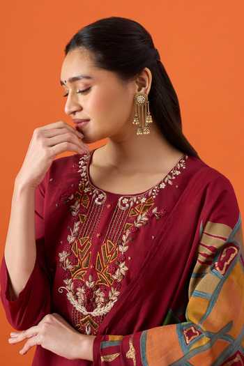 Buy Khwaab By Sanjana Lakhani Maroon Chanderi Round Neck Hand Embroidered Kurta Set Buy_Khwaab By Sanjana Lakhani_Maroon Chanderi Round Neck Hand Embroidered Kurta Set