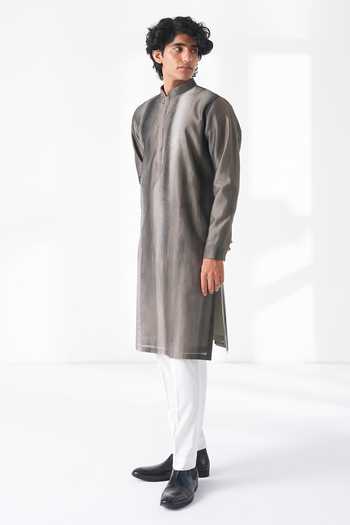 Dhruv Vaish_Grey Silk, Cotton, Chanderi Shaded Printed Kurta Set _Online_at_Aza_Fashions