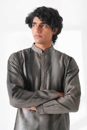 Buy_Dhruv Vaish_Grey Silk, Cotton, Chanderi Shaded Printed Kurta Set _Online_at_Aza_Fashions