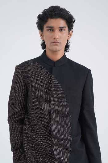 Dhruv Vaish Asymmetric Embroidered Summer Wool Bandhgala Set