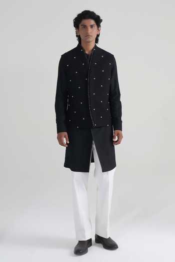 Dhruv Vaish Black Silk Spring Bloom Nehru Jacket Online at Aza Fashions Dhruv Vaish_Black Silk Spring Bloom Nehru Jacket _Online_at_Aza_Fashions