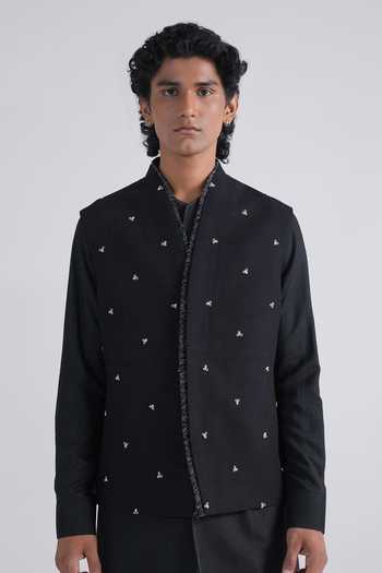 Shop Dhruv Vaish Black Silk Spring Bloom Nehru Jacket Online at Aza Fashions Shop_Dhruv Vaish_Black Silk Spring Bloom Nehru Jacket _Online_at_Aza_Fashions