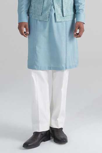 Dhruv Vaish Blue Silk, Cotton Textured Weave Nehru Jacket And Kurta Set Online at Aza Fashions Dhruv Vaish_Blue Silk, Cotton Textured Weave Nehru Jacket And Kurta Set _Online_at_Aza_Fashions