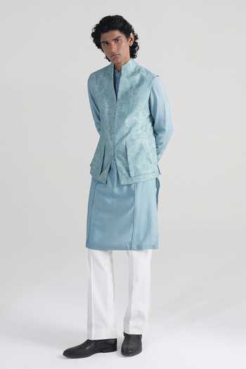 Shop Dhruv Vaish Blue Silk, Cotton Textured Weave Nehru Jacket And Kurta Set Online at Aza Fashions Shop_Dhruv Vaish_Blue Silk, Cotton Textured Weave Nehru Jacket And Kurta Set _Online_at_Aza_Fashions
