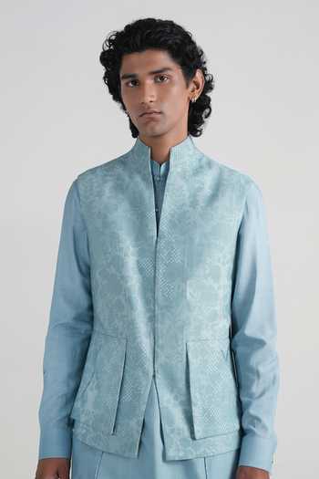 Dhruv Vaish Blue Silk, Cotton Textured Weave Nehru Jacket And Kurta Set at Aza Fashions Dhruv Vaish_Blue Silk, Cotton Textured Weave Nehru Jacket And Kurta Set _at_Aza_Fashions