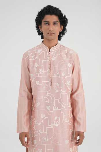 Buy_Dhruv Vaish_Pink Silk, Cotton, Chanderi Classic Embroidered Kurta Set _Online_at_Aza_Fashions