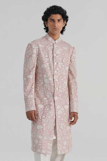 Shop Dhruv Vaish Pink Silk, Cotton Embroidered Sherwani Set Online at Aza Fashions Shop_Dhruv Vaish_Pink Silk, Cotton Embroidered Sherwani Set _Online_at_Aza_Fashions