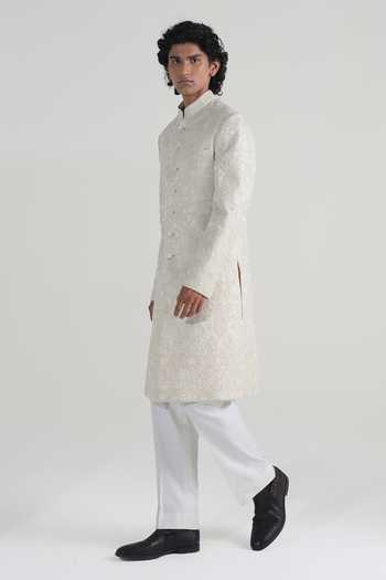 Dhruv Vaish_Ivory Silk, Cotton Embroidered Sherwani Set _Online_at_Aza_Fashions