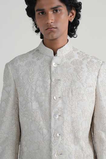 Buy_Dhruv Vaish_Ivory Silk, Cotton Embroidered Sherwani Set _Online_at_Aza_Fashions