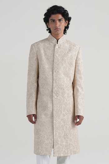 Buy_Dhruv Vaish_Cream Silk Floral Embroidered Classic Sherwani Set _Online_at_Aza_Fashions