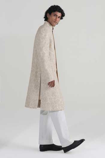 Shop_Dhruv Vaish_Cream Silk Floral Embroidered Classic Sherwani Set _Online_at_Aza_Fashions