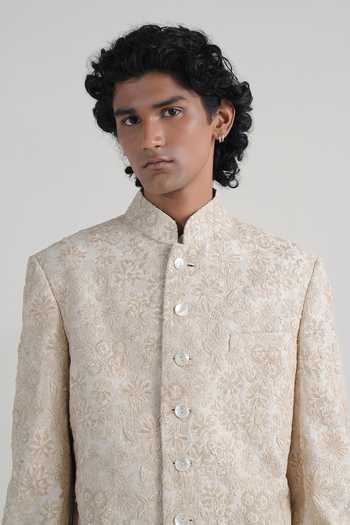 Dhruv Vaish_Cream Silk Floral Embroidered Classic Sherwani Set _at_Aza_Fashions