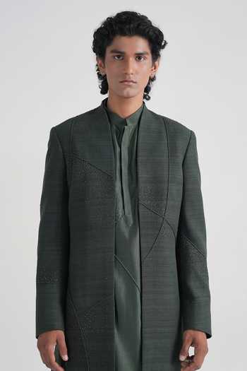 Dhruv Vaish_Olive Green Silk, Cotton, Chanderi Arc Cord Sherwani And Kurta Set _Online_at_Aza_Fashions