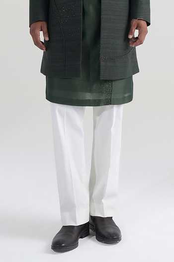 Buy_Dhruv Vaish_Olive Green Silk, Cotton, Chanderi Arc Cord Sherwani And Kurta Set _Online_at_Aza_Fashions