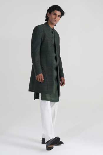 Shop_Dhruv Vaish_Olive Green Silk, Cotton, Chanderi Arc Cord Sherwani And Kurta Set _Online_at_Aza_Fashions