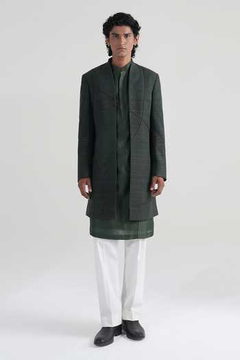 Dhruv Vaish_Olive Green Silk, Cotton, Chanderi Arc Cord Sherwani And Kurta Set _at_Aza_Fashions