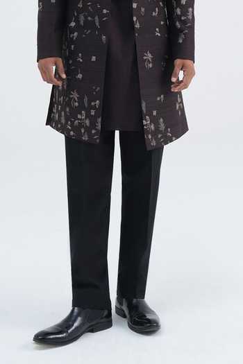 Dhruv Vaish_Brown Silk, Cotton, Chanderi Front Open Embroidered Sherwani And Kurta Set _Online_at_Aza_Fashions