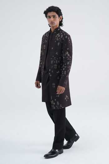 Buy_Dhruv Vaish_Brown Silk, Cotton, Chanderi Front Open Embroidered Sherwani And Kurta Set _Online_at_Aza_Fashions