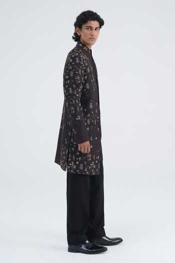 Shop_Dhruv Vaish_Brown Silk, Cotton, Chanderi Front Open Embroidered Sherwani And Kurta Set _Online_at_Aza_Fashions