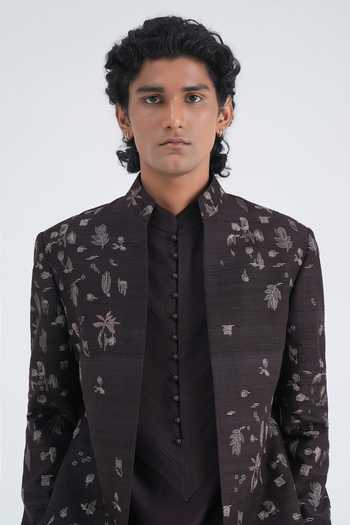 Dhruv Vaish_Brown Silk, Cotton, Chanderi Front Open Embroidered Sherwani And Kurta Set _at_Aza_Fashions
