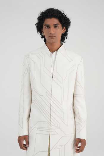 Dhruv Vaish_Ivory Silk Geometric Tonal Embroidered Sherwani Set _Online_at_Aza_Fashions