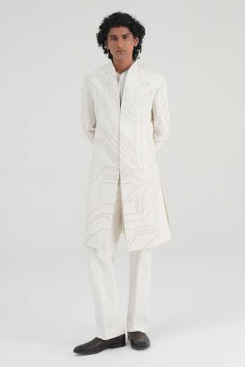 Shop_Dhruv Vaish_Ivory Silk Geometric Tonal Embroidered Sherwani Set _Online_at_Aza_Fashions