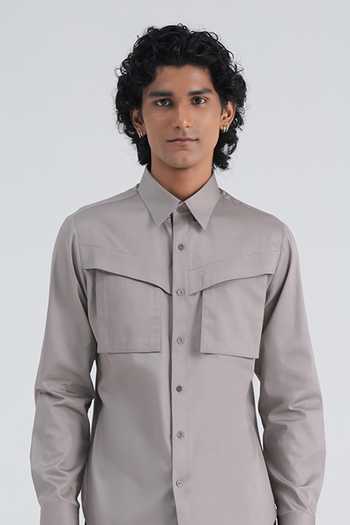 Buy Dhruv Vaish Silver Cotton Satin Statement Utility Shirt Online at Aza Fashions Buy_Dhruv Vaish_Silver Cotton Satin Statement Utility Shirt _Online_at_Aza_Fashions