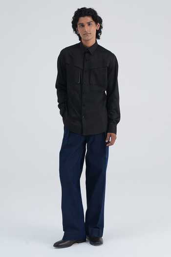 Buy_Dhruv Vaish_Black Cotton Satin Statement Utility Shirt _Online_at_Aza_Fashions