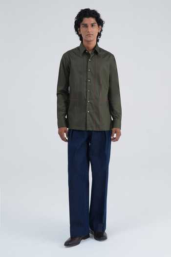 Dhruv Vaish_Olive Green Cotton Satin Leather Stripe Shirt _Online_at_Aza_Fashions