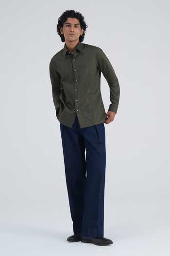Buy_Dhruv Vaish_Olive Green Cotton Satin Leather Stripe Shirt _Online_at_Aza_Fashions