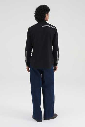 Dhruv Vaish Black Linen, Handloom Cotton Curved Placket Shirt Online at Aza Fashions Dhruv Vaish_Black Linen, Handloom Cotton Curved Placket Shirt _Online_at_Aza_Fashions
