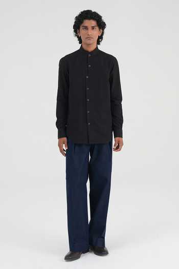 Shop Dhruv Vaish Black Linen, Handloom Cotton Curved Placket Shirt Online at Aza Fashions Shop_Dhruv Vaish_Black Linen, Handloom Cotton Curved Placket Shirt _Online_at_Aza_Fashions