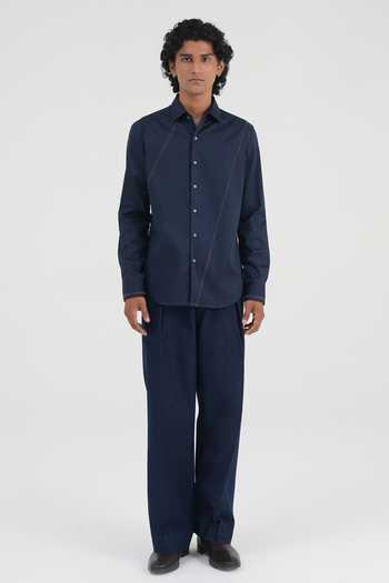 Shop Dhruv Vaish Navy Cotton Satin Contrast Stitch Shirt Online at Aza Fashions Shop_Dhruv Vaish_Navy Cotton Satin Contrast Stitch Shirt _Online_at_Aza_Fashions