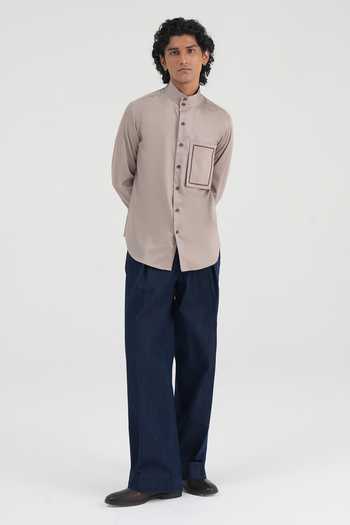Dhruv Vaish Grey Cotton Satin Leather-detail Shirt Online at Aza Fashions Dhruv Vaish_Grey Cotton Satin Leather-detail Shirt _Online_at_Aza_Fashions
