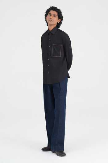 Dhruv Vaish_Black Cotton Satin Leather-detail Shirt _Online_at_Aza_Fashions
