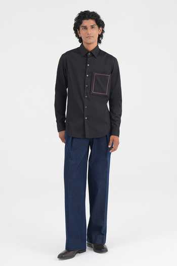 Buy_Dhruv Vaish_Black Cotton Satin Leather-detail Shirt _Online_at_Aza_Fashions