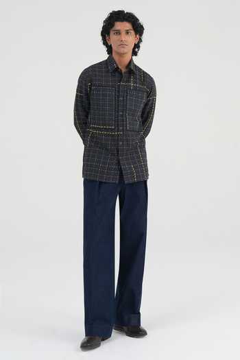 Dhruv Vaish Black Cotton, Linen Grid Print Shirt Online at Aza Fashions Dhruv Vaish_Black Cotton, Linen Grid Print Shirt _Online_at_Aza_Fashions