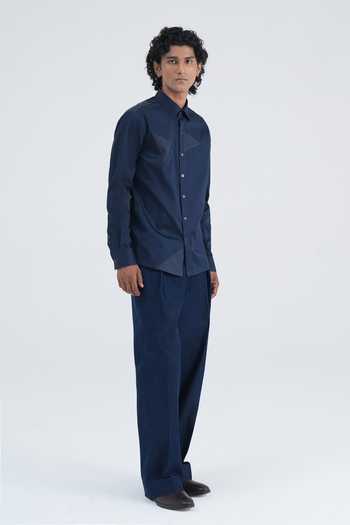 Dhruv Vaish Navy Cotton Satin Panelled Embroidered Shirt Online at Aza Fashions Dhruv Vaish_Navy Cotton Satin Panelled Embroidered Shirt _Online_at_Aza_Fashions