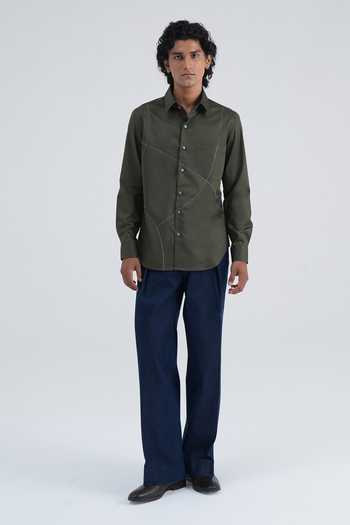 Dhruv Vaish Olive Green Cotton Satin Curve Line Shirt Online at Aza Fashions Dhruv Vaish_Olive Green Cotton Satin Curve Line Shirt _Online_at_Aza_Fashions