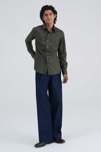 Buy Dhruv Vaish Olive Green Cotton Satin Curve Line Shirt Online at Aza Fashions Buy_Dhruv Vaish_Olive Green Cotton Satin Curve Line Shirt _Online_at_Aza_Fashions