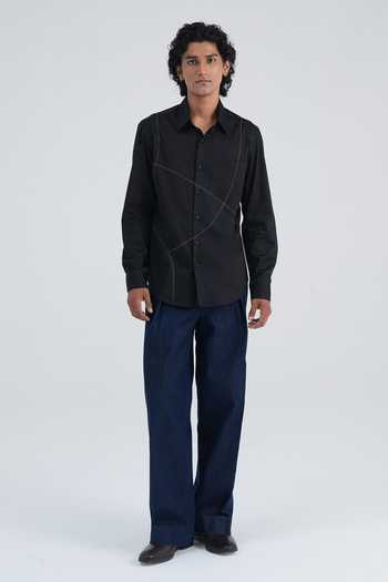 Dhruv Vaish Black Cotton Satin Curve Line Shirt Online at Aza Fashions Dhruv Vaish_Black Cotton Satin Curve Line Shirt _Online_at_Aza_Fashions
