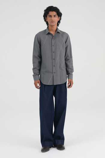 Dhruv Vaish Grey Linen, Handloom Cotton Contrast Stitch Shirt Online at Aza Fashions Dhruv Vaish_Grey Linen, Handloom Cotton Contrast Stitch Shirt _Online_at_Aza_Fashions