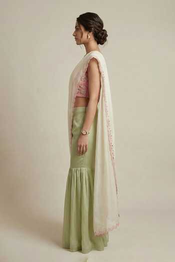 Buy_Ellemora Fashions_Green Organza, Satin Square Neck Blush And Basil Palazzo Saree With Blouse _Online_at_Aza_Fashions
