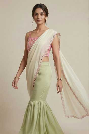 Shop_Ellemora Fashions_Green Organza, Satin Square Neck Blush And Basil Palazzo Saree With Blouse _Online_at_Aza_Fashions