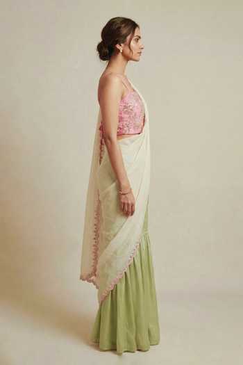 Buy_Ellemora Fashions_Green Organza, Satin Square Neck Blush And Basil Palazzo Saree With Blouse 
